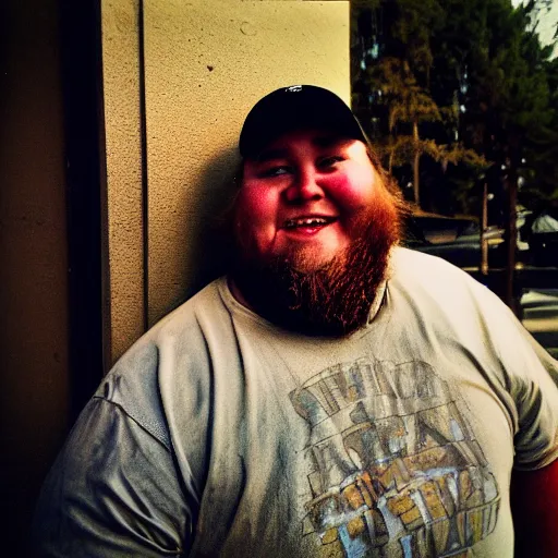 Image similar to close up portrait of fat redneck man in dirty clothes, award winning, kodak gold 2 0 0, ring doorbell camera,