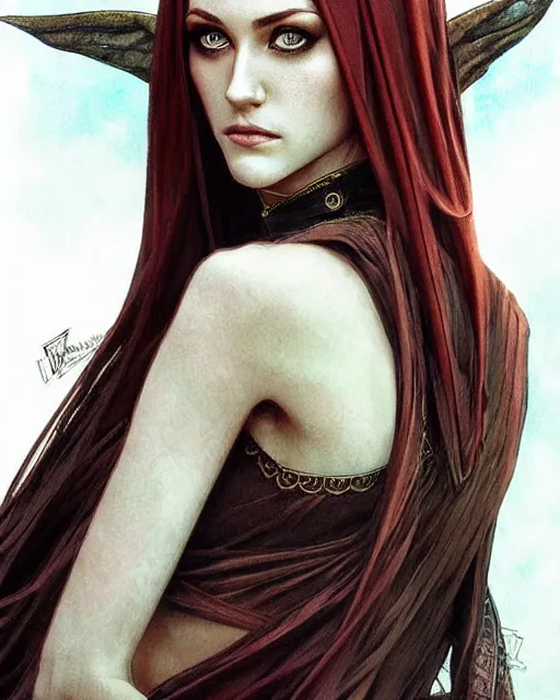 Image similar to portrait of katherine mcnamara elven mage, dark, piercing eyes, gentle expression, elegant clothing, photorealistic, highly detailed, artstation, smooth, sharp focus, art by michael whelan, artgerm, greg rutkowski and alphonse mucha