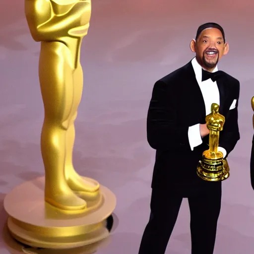 Prompt: Will Smith on the Oscars Stage holding an Academy Awards Trophy replaced with a Golden mini Moai, full body, 8k, hyperrealism, award winning photograph