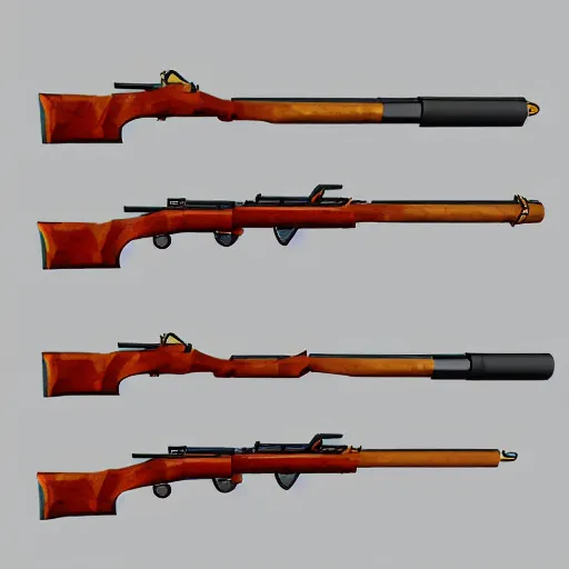 Image similar to 3 d model of double barrel shotgun, low poly toon shading, flat colors, low poly artstation