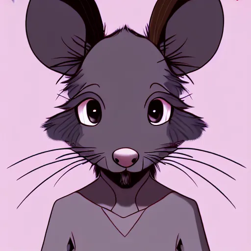 Image similar to headshot of young fursona female mouse, healthcliff style, cute, fantasy, intricate, long hair, dark grey skin, mouse face, furry mouse, dark skin, mouse head, mouse ears, black hair, elegant, cartoony, furry Deviantart art of the day, furry character, character art, smooth, sharp focus, illustration, art by adoptables