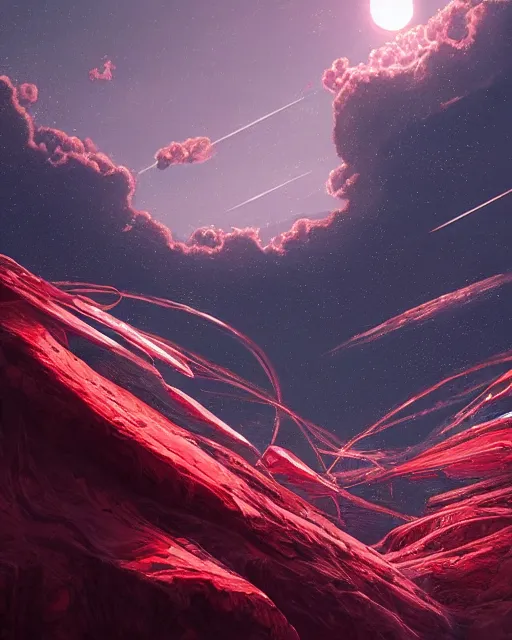 Prompt: red glass crescents in the sky, beautiful landscape, highly detailed, machine planet, buildings, alien utopia, metallic surface, diamond trees, advanced technology, cinematic lighting, sharp focus, artstation, intricate, masterpiece, art by maria panfilova and dylan kowalski and huifeng huang