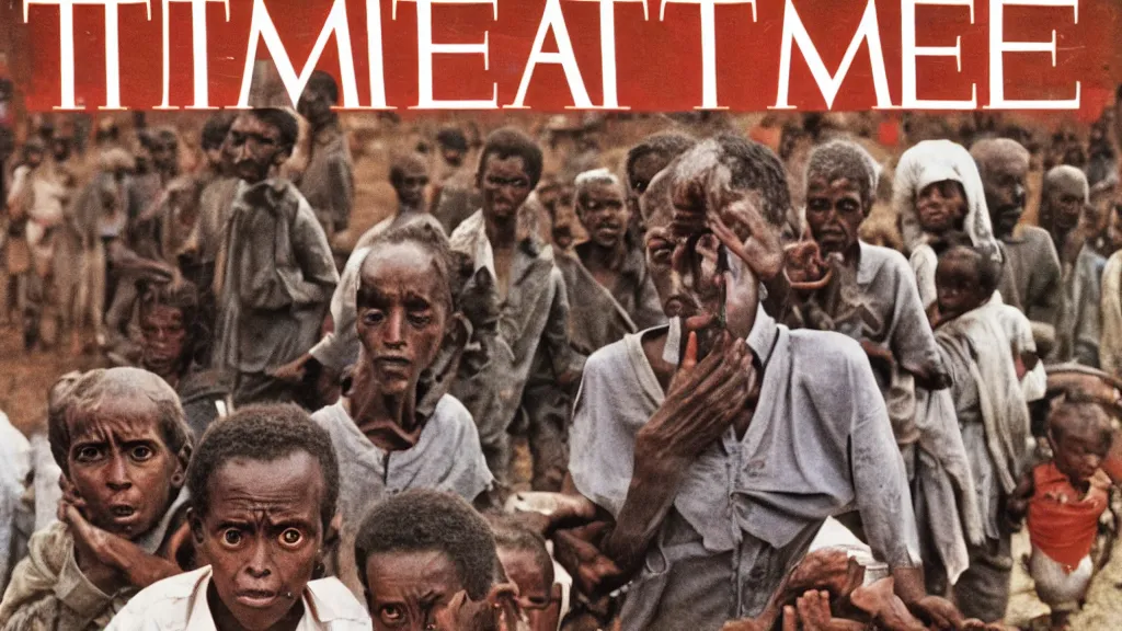 Image similar to 1 9 8 4 ethiopian famine, in the cover of time magazine, 8 k