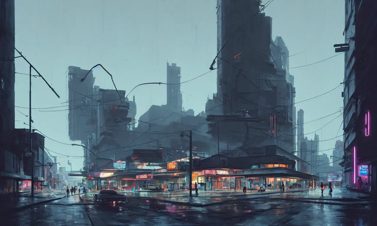 Prompt: photorealistic streetscape, simple brutalist architecture, metal, concrete, wet streets, white neon lights, colorful neon signs, flying vehicles, pedestrians, greg rutkowski, syd mead, ralph mcquarrie, concept art, matte painting, finely detailed, minimal artifacts, rule of thirds, dynamic lighting, cinematic, denoised, centered, artstation