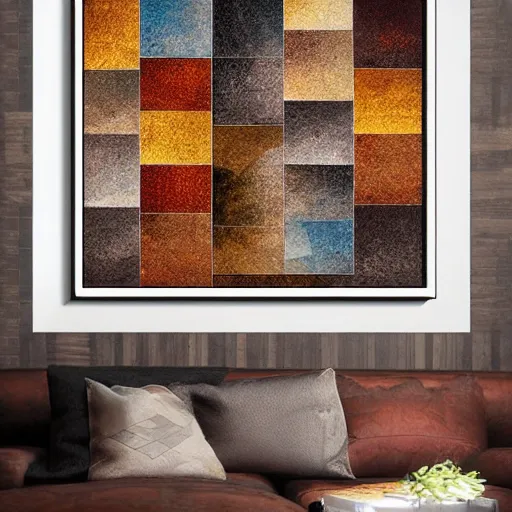 Image similar to masterpiece abstract painting of hundreds of detailed highly layered three - quarter angle rocky square shapes in rich earthy tones. abstract quality with an mathematical quality.