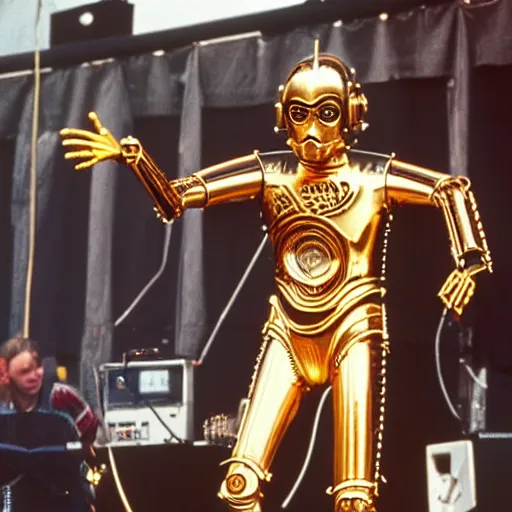 Prompt: C-3PO performing at woodstock