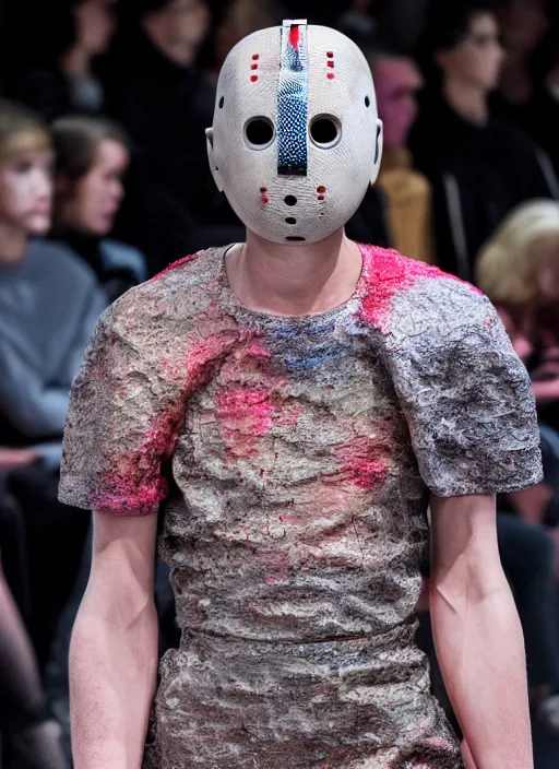 Image similar to hyperrealistic and heavy detailed balenciaga avant garde runway show of jason voorhees, leica sl 2 5 0 mm, vivid color, high quality, high textured, real life, full body in shot, medium distance