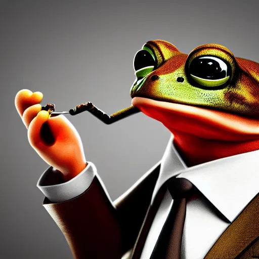 Image similar to a high quality photo of an antropomorphic frog wearing a suit smoking a cigar, 3d scene, render, ultra realistic, artstation, cgsociety