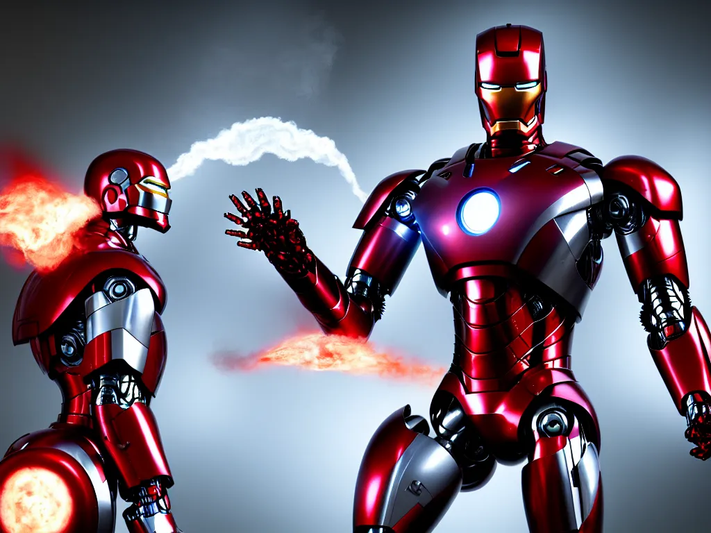 Image similar to robocop in a battle with iron man, smoke, fi, chrome, shiny, reflective, metallic, 3 d render, realistic, hdr, stan winston studios, dramatic lighting, flame colors bright,