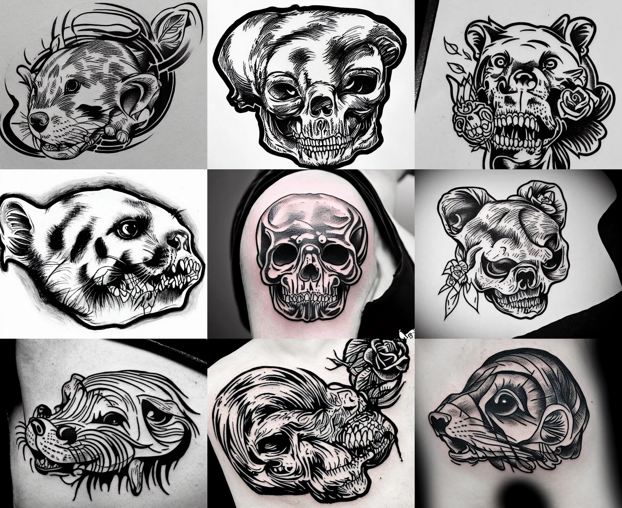 Prompt: detailed tattoo stencil bold lines, ferret crawling on human skull