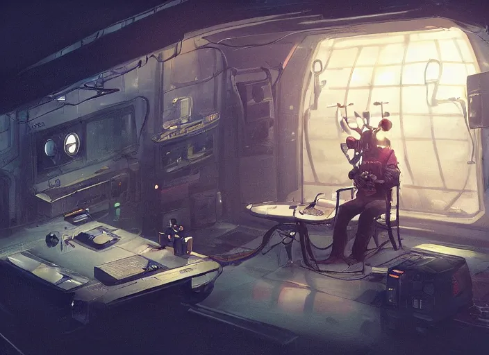 Image similar to a man sitting on a chair with things attached to his head, screens and monitors in front of him playing videos, ship interior, narrow hallway, scifi, dramatic lighting, concept art, surreal, by rutkowski