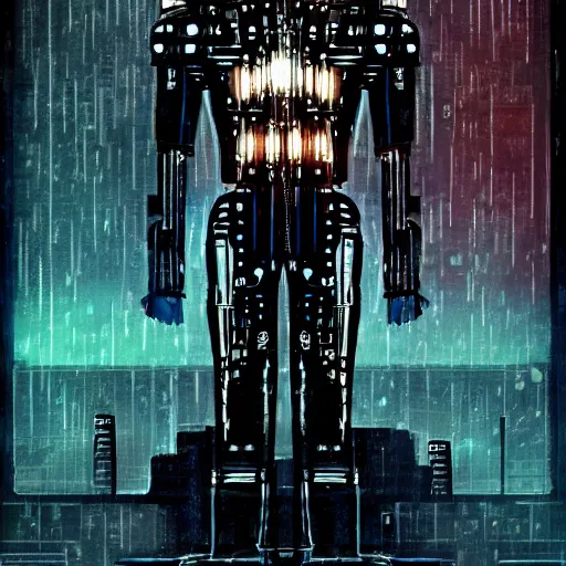 Image similar to a menacing cyborg, in the style of bladerunner movie.