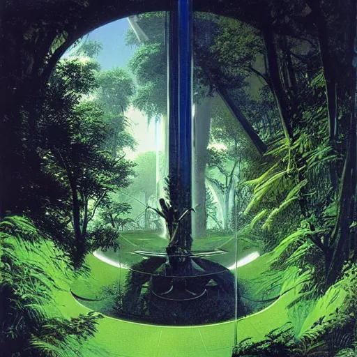 Image similar to portal in a middle of a lush futuristic forest, syd mead, john harris