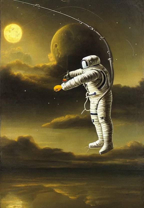 Image similar to astronaut in a spacesuit fishing and catching fish with a fishing rod from the crescent of the moon, realism, landscape