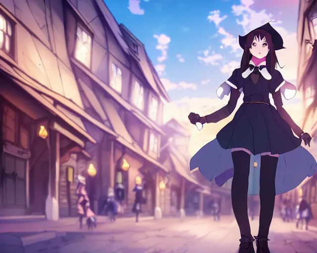 Image similar to key anime visual portrait of a young female witch walking through a busy village, dynamic pose, dynamic perspective, cinematic, dramatic lighting, muted colors, detailed silhouette, textured, finely detailed eyes, anime proportions, little witch academia