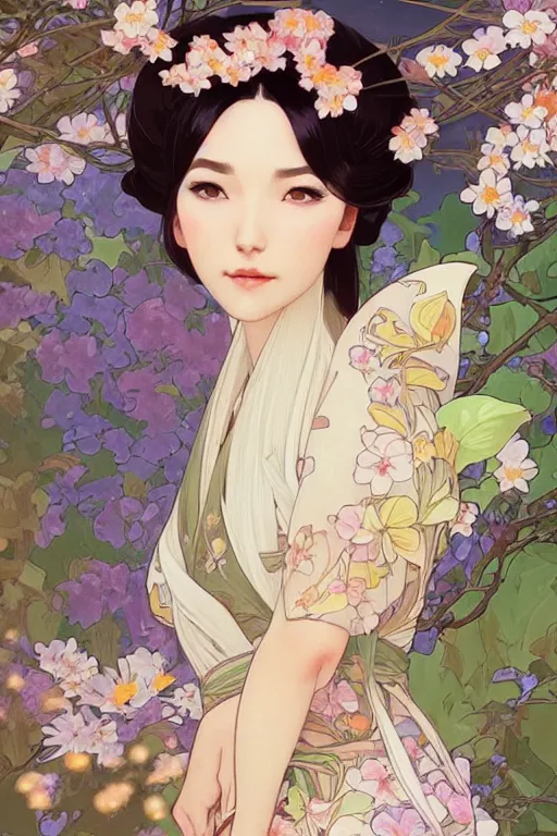 Image similar to A beautiful woman with fox ears who wears kimono in a garden, highly detailed, digital painting, artstation, concept art, smooth, sharp focus, illustration, art by artgerm and alphonse mucha, high definition digital art, in the style of Ross tran and ilya kuvshinov