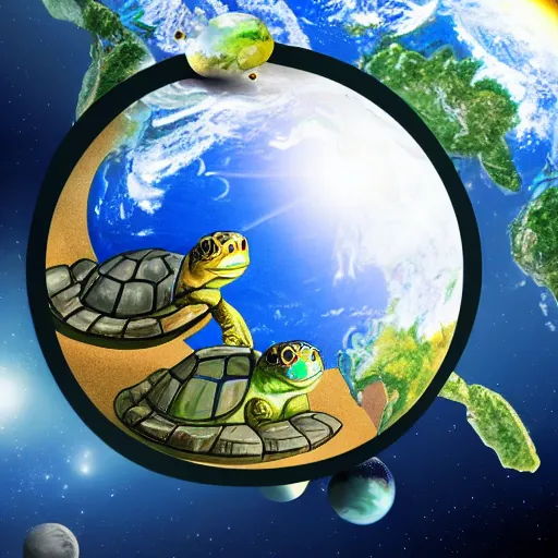 Image similar to a stack of turtles in space beneath a globe of the earth, earth globe on top