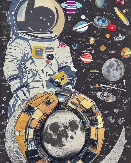 Image similar to A mid-century modern collage, made of random shapes cut from fashion and science magazines and text books, of Space Travel, landing on the moon.