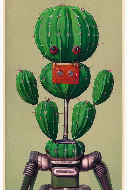 Image similar to long shot of a 1950s retro Cactus robot, with space above the head. full body framed. Bionic cacti Arms and eyes. pop surrealism, muted colours. by Jean-Baptiste Monge, wide shot