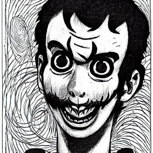 Image similar to A portrait of Mario drawn by Junji Ito, horror, gothic, fantasy, manga