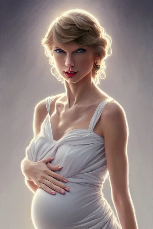 Image similar to pregnant taylor swift in a white dress, realistic portrait, symmetrical, highly detailed, digital painting, artstation, concept art, smooth, sharp focus, illustration, cinematic lighting, art by artgerm and greg rutkowski and alphonse mucha