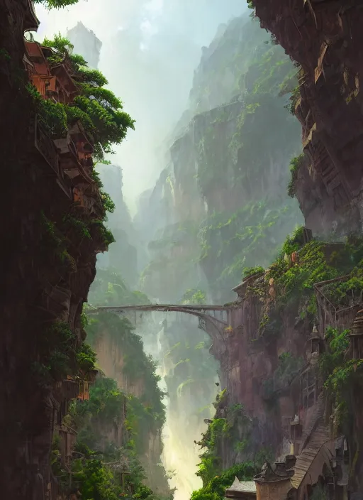 Image similar to medieval city built on terraces in a gigantic canyon, lots of buildings connected by hanging bridges, waterfalls, warm glow coming the ground, lush vegetation, pitchblack sky, extremly detailed digital painting, in the style andreas rocha and greg rutkowski and peter mohrbacher, rim light, beautiful lighting, 8 k, stunning scene, octane, trending on artstation