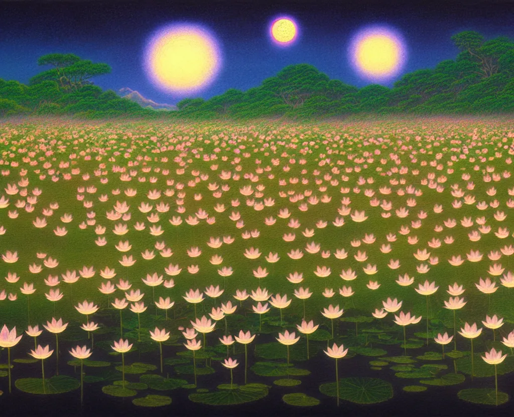 Image similar to a landscape pastel in the style of noriyoshi ohrai and mark tedin of a holy field of lotus flowers, night time. key art. 4 k retrofuturistic fantasy