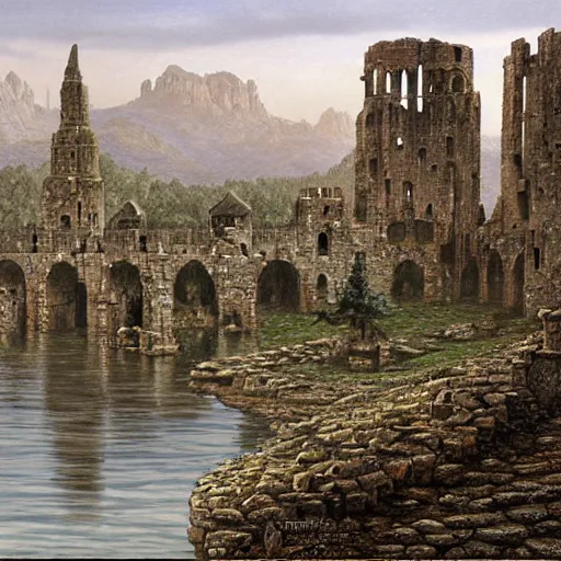 Image similar to ruined stone city and towers in a lake. misty weather. painting by Ted Nasmith and Larry Elmore.