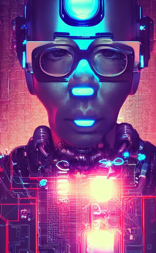 Prompt: a beautiful!! photo of a middle - aged!! bionic!! male!! cyborg, cyberpunk, circuit boards, electronic components, augmented vision, volumetric light, photography, dystopian, extremely detailed, photorealistic!, stunning, digital art trending on artstation, orange, cyan, washed out colors