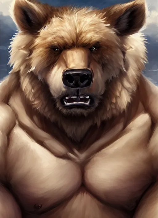 Image similar to award winning beautiful portrait commission art of a muscular male furry anthro grizzly bear fursona with a cute beautiful attractive detailed furry face wearing gym shorts and a tanktop at the gym. Character design by charlie bowater, ross tran, artgerm, and makoto shinkai, detailed, inked, western comic book art