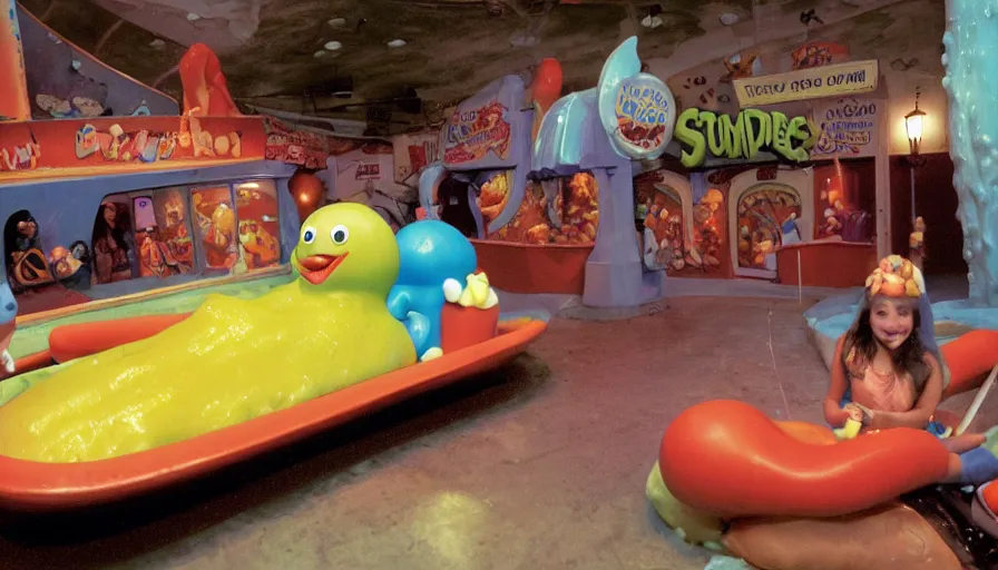 Prompt: 1990s photo of inside the Slime Friends Snow Potato Show ride at Universal Studios in Orlando, Florida, riding a hotdog through a dinner plate world, cinematic, UHD