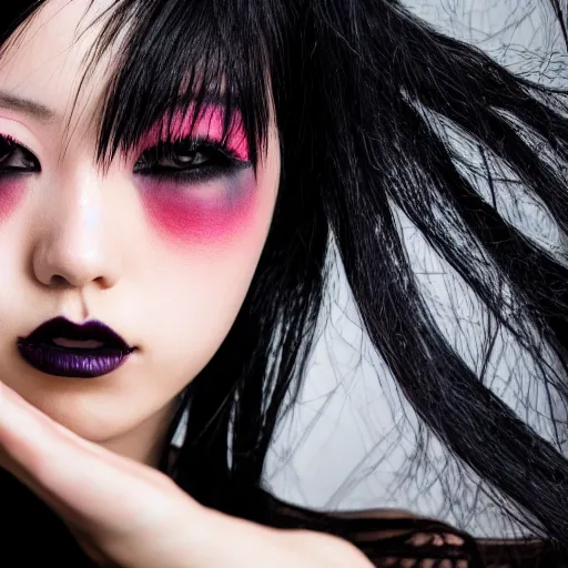 Image similar to professional photograph of female japanese model in emo makeup, long hair, fringe