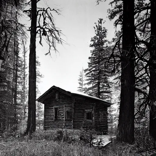 Image similar to a photo of a Eerie cabin in the middle of the woods photographed by Ansel Adams