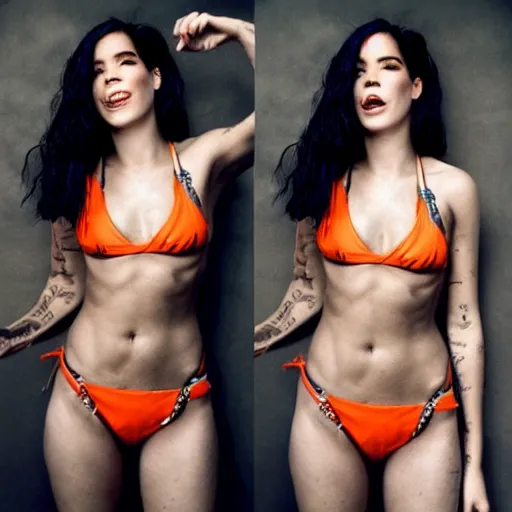 Image similar to halsey in a bikini, hyper realistic