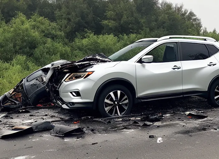 Prompt: a crashed black 2017 nissan rogue on the side of the highway, on fire