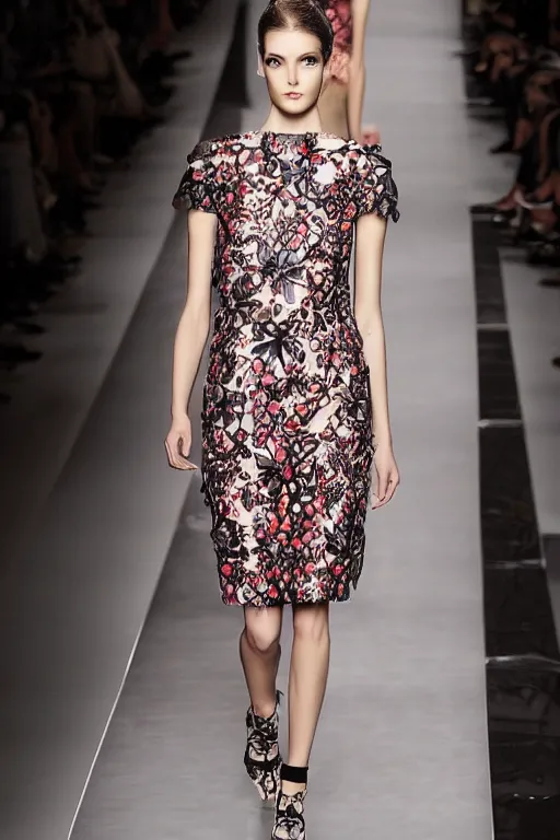 Prompt: valentino 2 0 1 3 floral, lace, geometric patterned, cybernetic fashion, dress, skirt & blouse