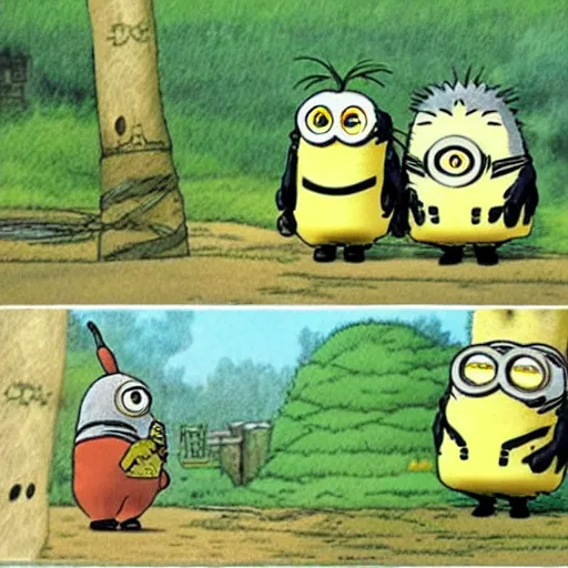 Image similar to minions in my neighbor totoro, miyazaki, anime,