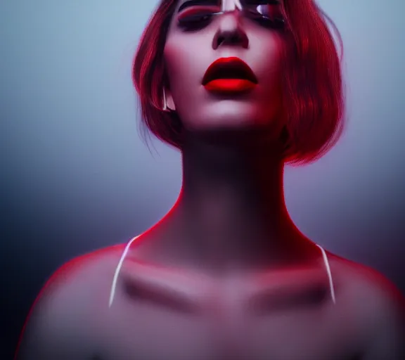 Image similar to surreal minimal white wall full of red lips, futuristic, foggy sky, dark night, octane render, unreal engine, pale colors, high detail, 8 k, wide angle, trending on artstation, behance