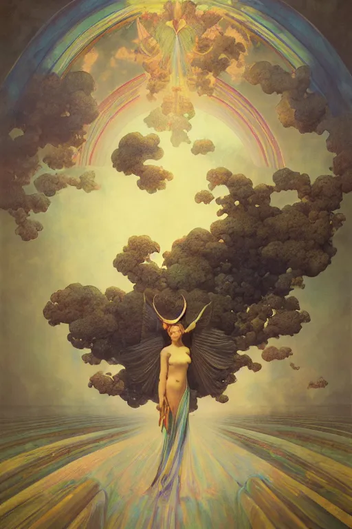 Image similar to at the gates of heaven she flies outside, symmetrical, by maxfield parrish, by gustave dore, by peter mohrbacher, by alphonse mucha, by karol bak, sharp focus, vivid color, rainbowshift, octane render, cgi, rule of thirds