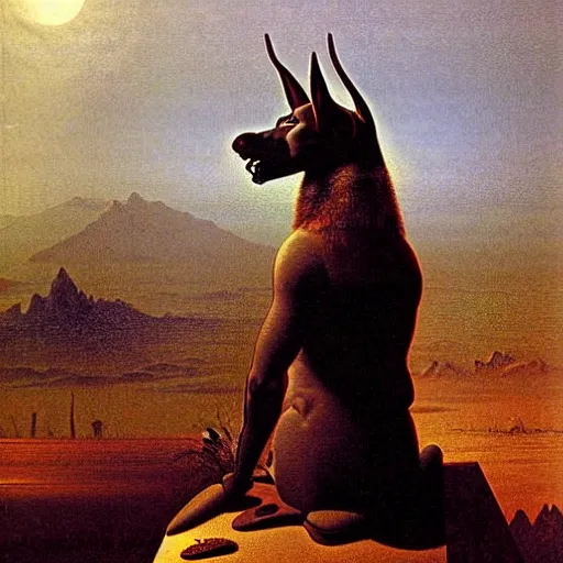 Image similar to Anubis scowling at the viewer, the background a gloomy fog rolling over the plains illustrated by Albert Bierstadt