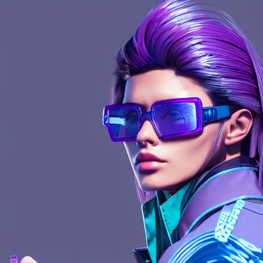 Prompt: closeup painting of a very beautiful young mexican cyberpunk woman with a smirk, wearing light blue venetian blind shades and a purple coloured leather jacket, one side haircut, long brown hair with light blue ends, portrait, hyperdetailed, artstation, cgsociety, 8 k, synthwave!!! image