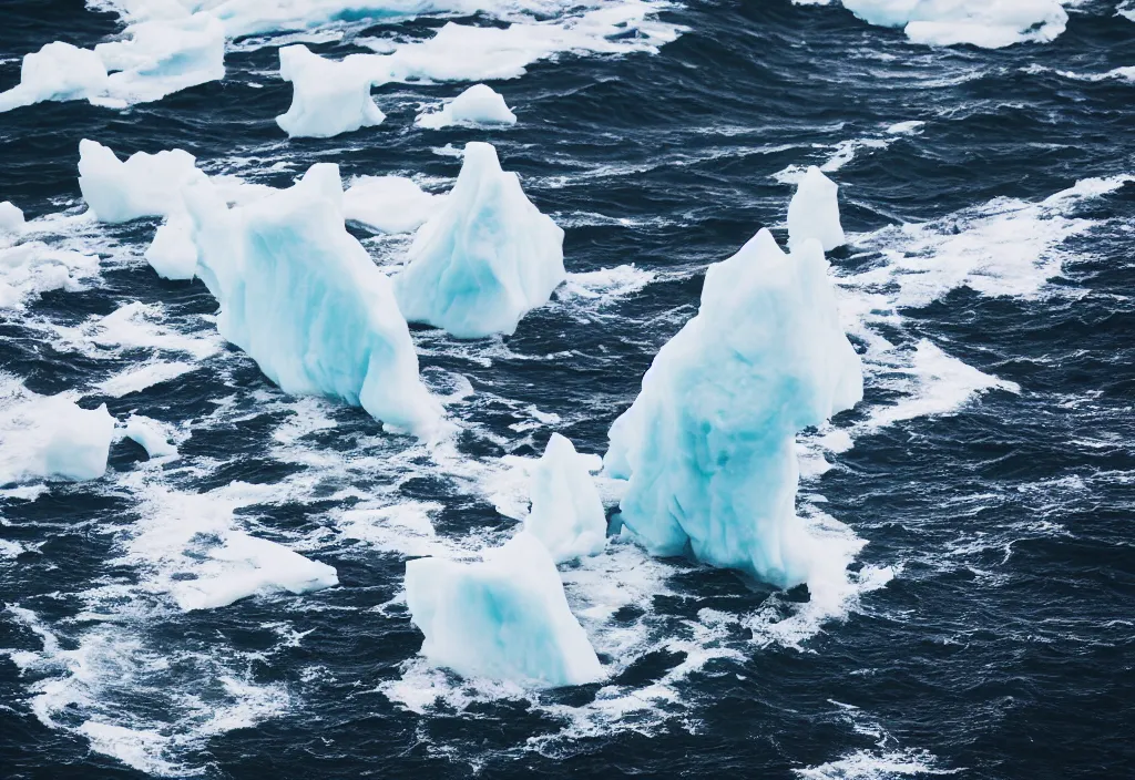 Image similar to fashion editorial on melting iceberg falling in the sea. huge waves. highly detailed. depth of field. high definition. 8k. photography.