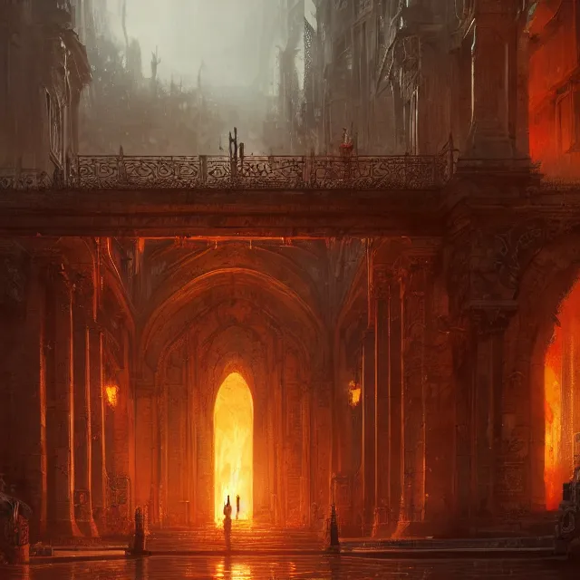 Image similar to huge gate, environment, illustration, symmetrical, fire, smoky, unreal engine, colors, epic scene, fantasy art by greg rutkowski,, golden raito, high quality, intricate details, details, intricate, atmosphere, highly detailed, matte painting, cinematic, deviantart, realistic, concept art, 4 k