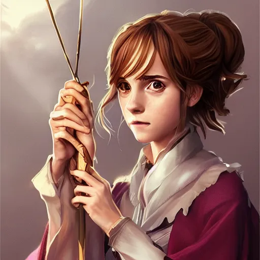 Image similar to anime portrait of Emma Watson as Hermione at Hogwarts holding her magic wand by Stanley Artgerm Lau, WLOP, Rossdraws, James Jean, Andrei Riabovitchev, Marc Simonetti, and Sakimichan, trending on artstation