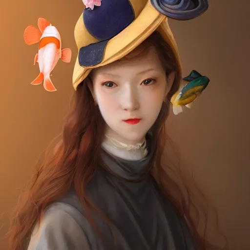 Prompt: A masterpiece portrait of a Incredibly beautiful queer barique renaissance girl in nun hat, holding koi fish. light cute blush on face. glass fish hat. medium shot, intricate, elegant, highly detailed. trending on artstation, digital art, by Stanley Artgerm Lau, WLOP, Rossdraws, James Jean, Andrei Riabovitchev, Marc Simonetti, Yoshitaka Amano. background by James Jean and Gustav Klimt, light by Julie Bell, 4k, porcelain skin