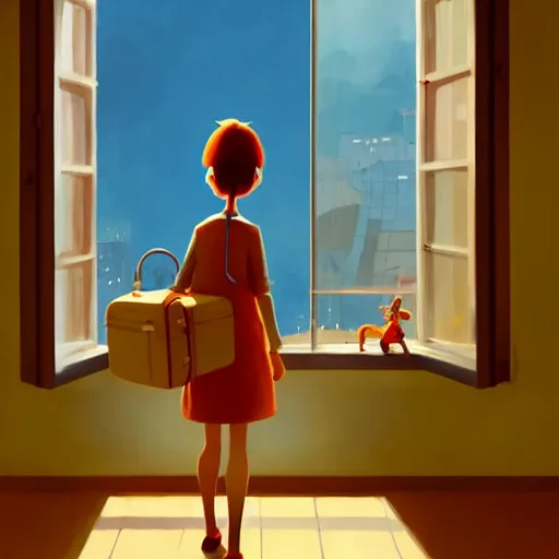 Image similar to goro fujita ilustration girl leaving home with suitcases, through the window you can see the city, warm light, painting by goro fujita, sharp focus, highly detailed, artstation