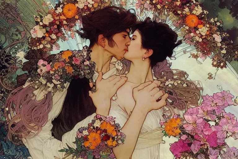 Image similar to the groom kisses the bride at a wedding full of flowers, bright and happy, dreamlike art, highly detail, 4 k realistic, wedding photoy krenz cushart. artem demura. alphonse mucha. yoji shinkawa artgerm. jon lothian. danilo torres. adi meyers. thomas reimann. gaston bussiere.