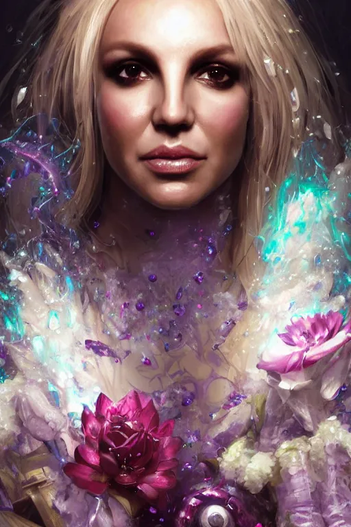 Image similar to britney face closeup of beautiful girl necromancer, witch - doctor covered with crystals exploding into ice, 3 d render, hyper realistic detailed portrait, holding magic flowers, ruan jia, wlop. scifi, fantasy, hyper detailed, octane render, concept art, peter mohrbacher