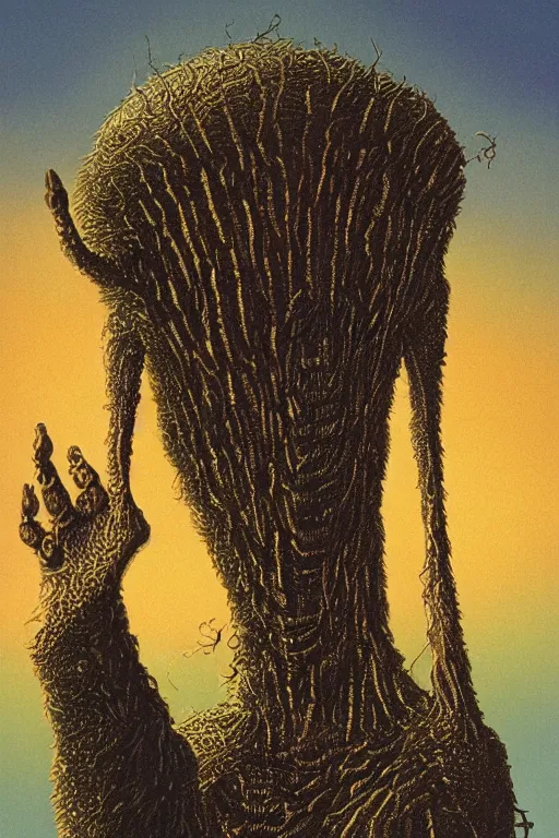 Image similar to Artwork by Tim White of Abe the Forgotten Beast, A towering humanoid composed of rose gold, with a gaunt appearance and a matted grey fur