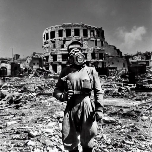 Prompt: apocalyptic disney characters wearing gas masks, war zone destroyed roman buildings in the background landscape , 1940s film photography